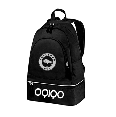 Mochila OQIQO de futbol, personalizada negra con logo de Club y fondo para poner zapatillas.
