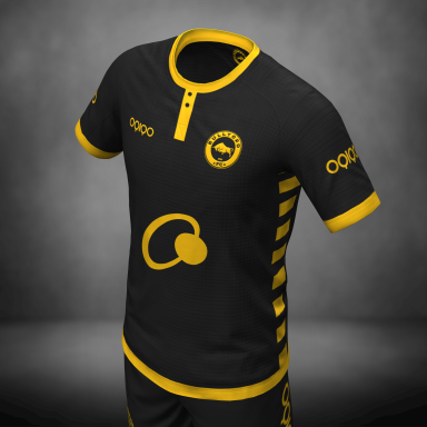 Camisa de fútbol negra con detalles amarillos y diseño moderno.