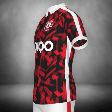 OQIQO Jersey Kit Fantasy roja y negra con detalles en blanco.