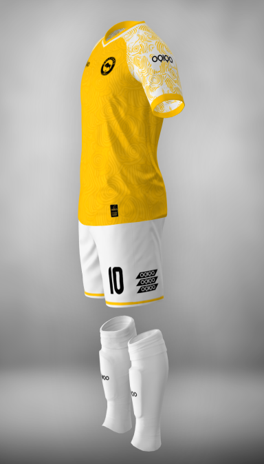 Uniforme de fútbol amarillo con pantalones blancos y número 10 en la parte trasera.