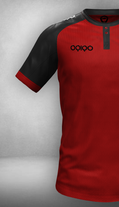 Camiseta de futbol roja con mangas negras y detalle de botones en el cuello, logo en el pecho.