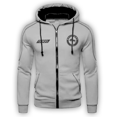 Sudadera gris con capucha, cremallera y logo en el pecho.
