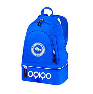 Mochila OQIQO de futbol, personalizada azul con logo de Club y fondo para poner zapatillas.